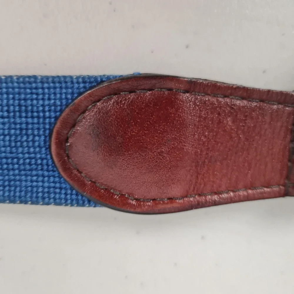 Smathers & Branson Belt Mens 38 Blue Needlepoint Fish Leather Brass Buckle USA